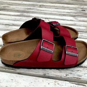 Red vegan Arizona Birkenstocks size 41